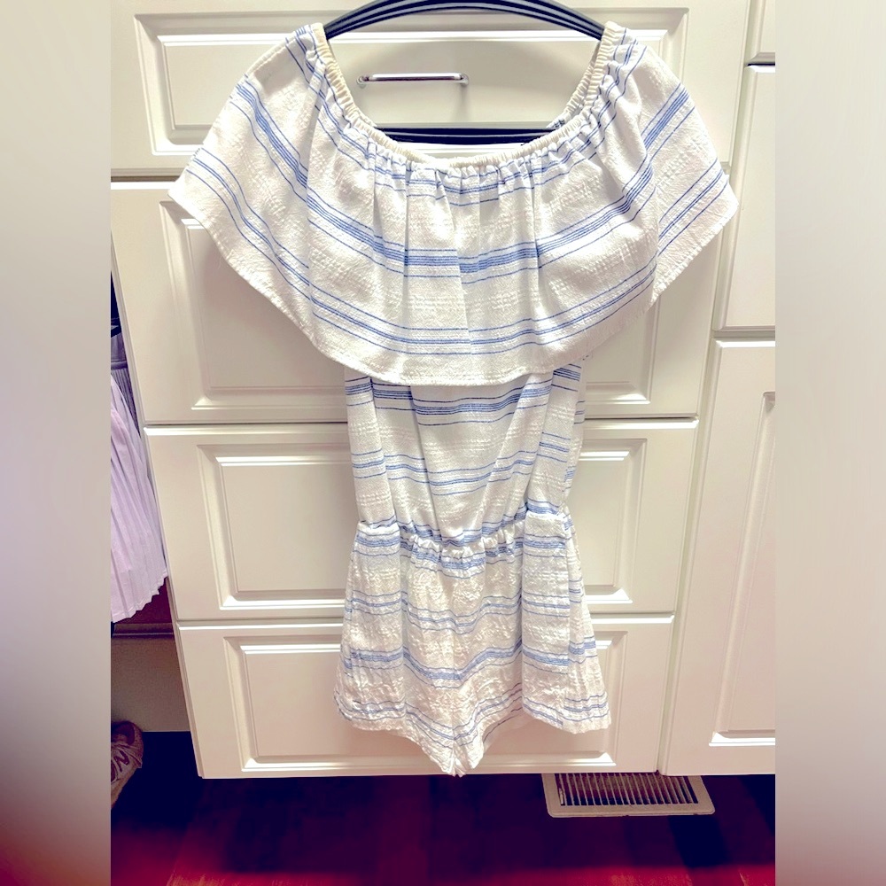 Buddy Love Basics Blue White Stripe Off Shoulder Romper Sz Small